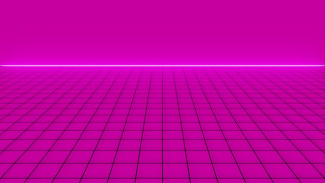 Neon Grid Floor Background with Perspective Horizon, Sci Fi Digital Technology Stage, Cyber Space Landscape, Virtual Reality Environment, Abstract Geometric Grid Backdrop