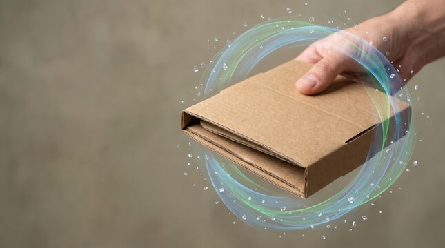 person holding a flat packed brown cardboard box, eco friendly packaging and sustainable logistics.