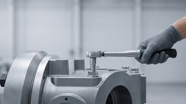 gloved hand using a torque wrench to tighten a bolt on a precision metallic machine part in an industrial setting.