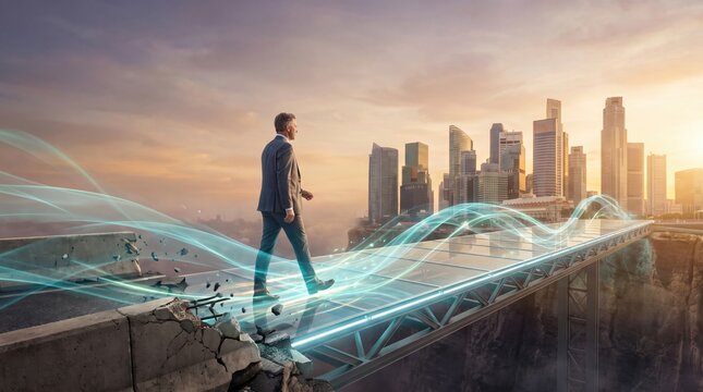 businessman walking on a futuristic glass bridge, representing a seamless digital transition from a crumbling past to a modern