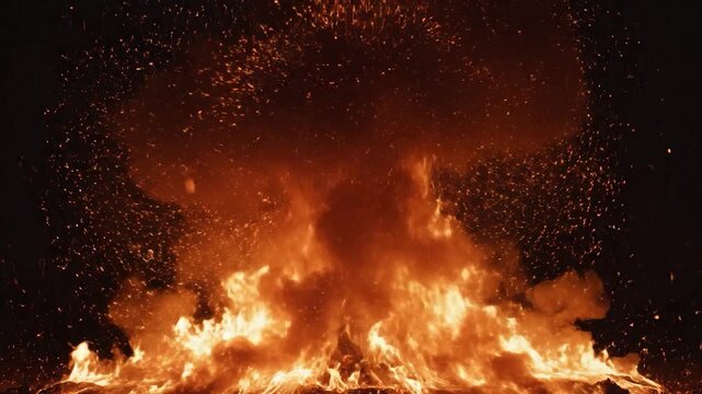 Bright orange sparks explode from a large fire at night