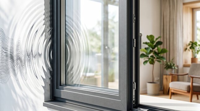 window frame installed in a bright home, showing visible sound waves bouncing off or passing through to represent soundproofing and noise reduction