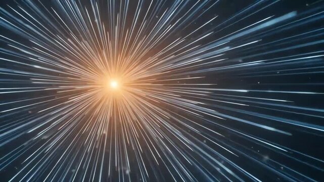 Abstract representation of hyperspace travel with bright orange starburst and blue light streaks radiating across dark cosmic space