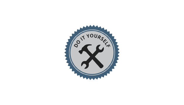 Retro circular badge design with the text do it yourself and crossed hammer and wrench icons in grey and blue.