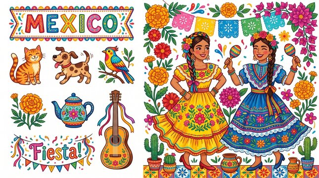 Watercolor illustration set of traditional mexican fiesta celebration elements