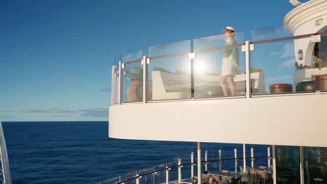 Elegant woman in straw hat sips coffee on luxury cruise liner balcony overlooking Caribbean Sea. Glass railings reflect golden sunlight as deep blue ocean waters stretch to horizon under clear skies.