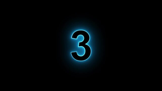 Glowing Neon Number 3 Countdown on Black Background, Blue Luminous Numeric Digit, Futuristic Countdown Timer, Digital Number Animation, Modern HUD Technology Design
