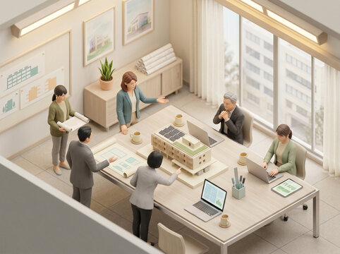 ZEB net zero energy office building retrofit Japanese architect and HVAC engineer reviewing