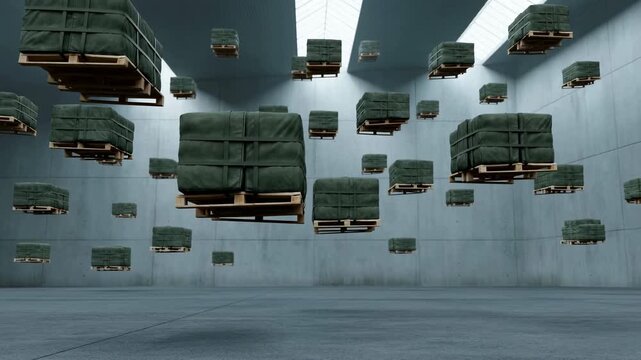 Suspended wooden pallet bundles inside spacious concrete warehouse beneath skylights, showing layered storage rows, muted tones, strong depth, and industrial order