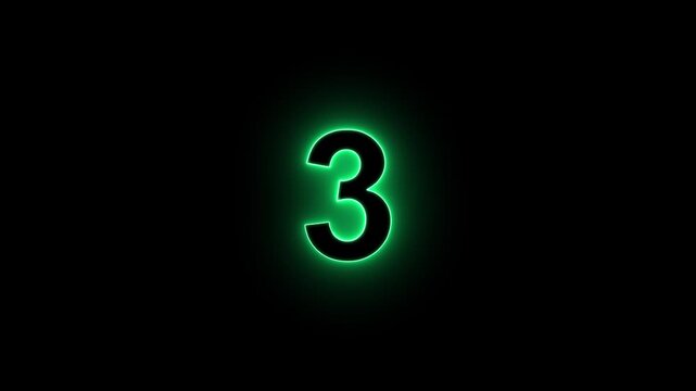 Glowing Green Neon Number 3 Countdown on Black Background, Futuristic Digital Numeric Display, Luminous Countdown Timer, Modern HUD Interface, Motion Graphics Design