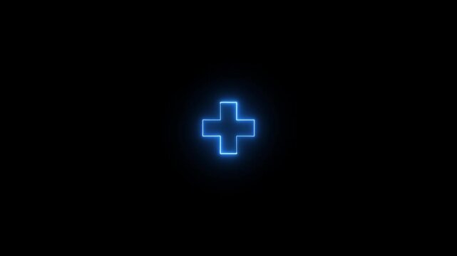 Glowing Blue Neon Plus Icon on Black Background, Medical Cross Symbol, Add Sign, Positive Interface Button, Futuristic Digital UI Element, Healthcare Technology Concept