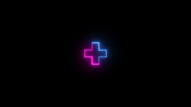 Glowing Blue Neon Plus Icon on Black Background, Medical Cross Symbol, Add Sign, Positive Interface Button, Futuristic Digital UI Element, Healthcare Technology Concept