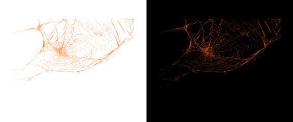 Spooky orange spider web textures, creepy cobweb design elements on white and black backgrounds, halloween decorative spiderweb overlays