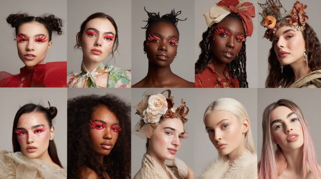 Diverse models showcase dramatic makeup bold lashes glitter accents. Сollage of ten diverse women displaying creative artistic makeup looks featuring vibrant false eyelashes sparkling glitter details