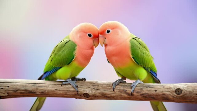 Colorful Lovebirds Touching Beaks on Branch.