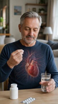 Man taking pill with heart anatomy visualization. Senior patient treating cardiovascular disease. Healthcare and medicine concept. Examining heart health for wellness and medical checkup.