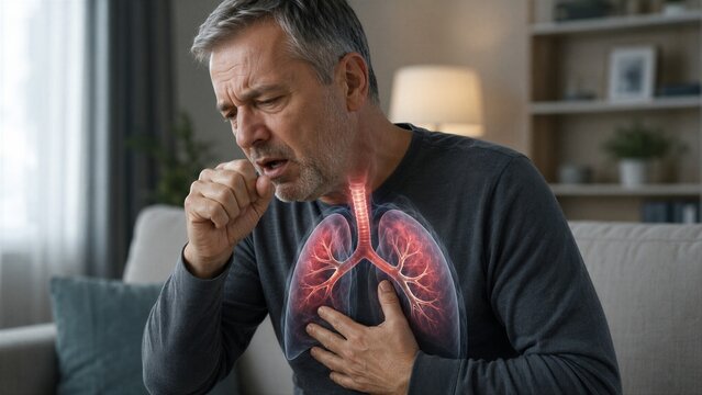 Middle aged man coughing with highlighted inflamed lungs. Concept of respiratory disease and infection. Medical illustration showing chest pain and bronchial illness, healthcare background.