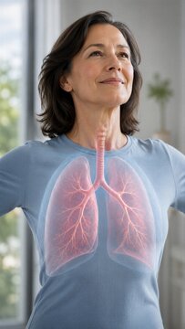 Woman breathing deeply with overlay of transparent lungs. Visualization of respiratory system and bronchial tree. Healthcare, pulmonary medicine, wellness and healthy lifestyle concept.