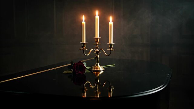 Elegant Brass Candelabra with Candlelight Reflection.