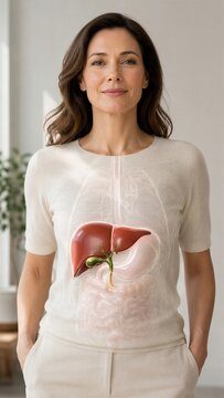 Woman showing anatomy of the liver and gallbladder inside human body. Medical scan visualization of digestive system organ. Healthcare education and diagnostic clinic concept.