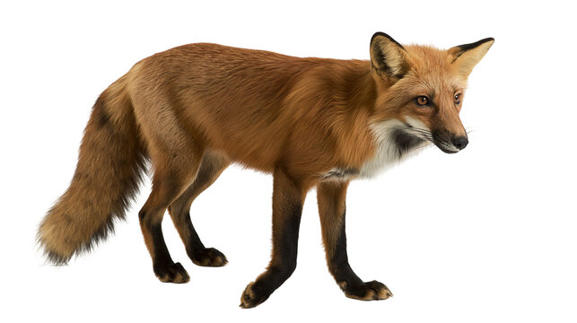 Red fox standing profile view with bushy tail