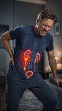 Man experiencing sharp back pain from kidney stone. Visualization of urinary system disease and internal inflammation. Medical concept of healthcare, urology condition, and acute discomfort.