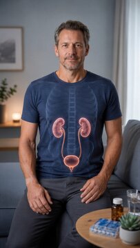 Man looking at visualization of human kidney and urinary system on his shirt. Anatomy illustration for medical patient education and urology healthcare checkup. Diagnostic health concept.