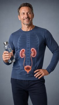 Man holding a water bottle with a glowing holographic projection of internal human kidney system. Anatomy study and urology medical concept. Healthy lifestyle and hydration awareness.