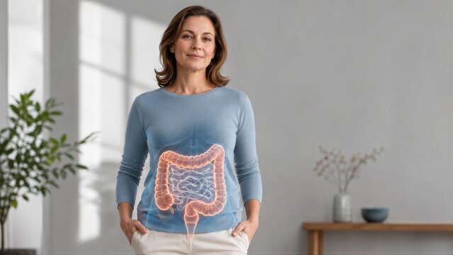 Woman with glowing digital human intestine hologram on abdomen. Medical visualization of digestive system anatomy. Healthcare concept for gastrointestinal health and internal organ diagnostic.