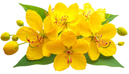 Obraz premium Vibrant Yellow Cassia Fistula Flowers Isolated Transparent Background Realistic Photo