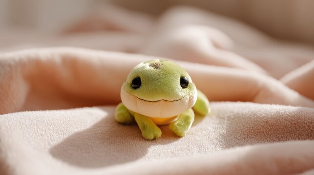 Adorable plush frog toy with big eyes sitting on soft fabric. A cute, small, green stuffed frog toy with a happy expression rests on a textured, light-colored blanket