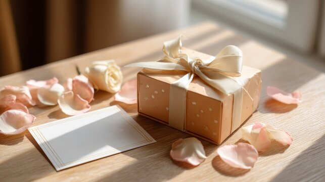 Elegant gift box with rose petals and blank card on a wooden table. A beautifully wrapped present sits beside delicate rose petals and an empty card, bathed in soft sunlight on a wooden surface
