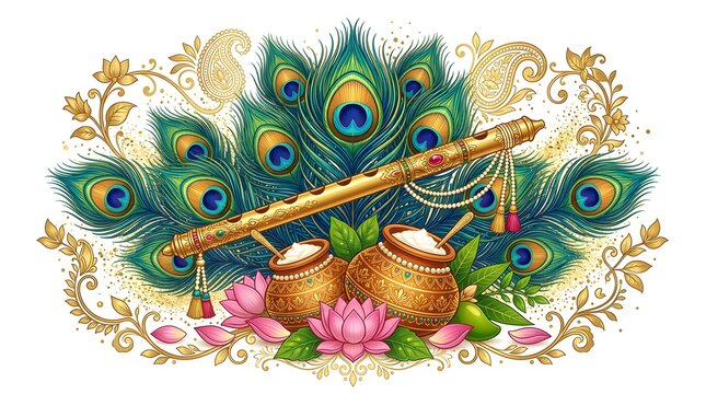 Ornate golden bansuri flute resting against vibrant iridescent peacock feathers featuring traditional earthen pots filled with fresh white butter and delicate pink lotus flowers