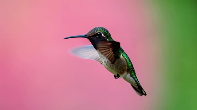Hummingbird In Flight Over Pink Background.