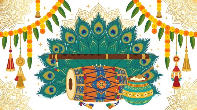 Vibrant janmashtami festival illustration featuring a traditional wooden flute placed gracefully atop colorful peacock feathers alongside a decorative dholak drum and a small earthen pot filled
