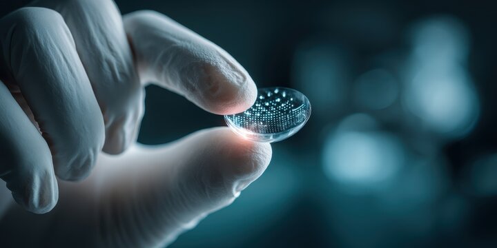 Gloved hand delicately holds a smart contact lens, symbolizing innovative asset protection and biometric security.