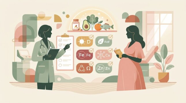 A healthcare professional talks to a pregnant woman about nutrition and prenatal supplements for health and development during pregnancy.