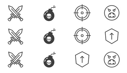Fototapeta premium Utility line icons for video games, including crossed swords, bombs, target reticles, shields, and angry faces.