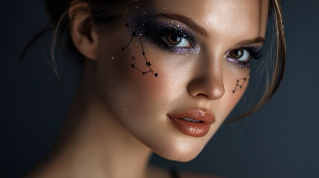 Woman with celestial constellation makeup and glitter on her face. Portrait of a woman's face adorned with sparkling makeup and constellation-themed face paint, highlighting her eyes and lips