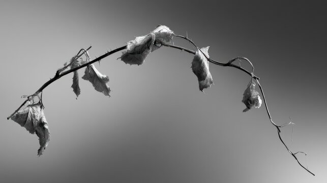 Black and white close up of a dry thorny branch with withered leaves against a gradient sky