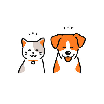 笑顔で喜ぶ犬と猫のシンプルなベクターアイコンイラスト素材