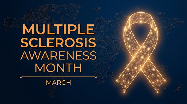 Multiple Sclerosis Awareness Month ribbon in March. Gold neurological disease support symbol glowing on dark background for health campaigns.