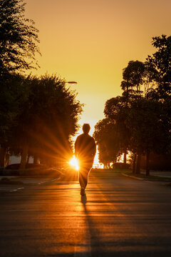 A lone silhouetted figure walking along the tree lined street toward the setting sun at dusk, Cobden, Victoria, Australia