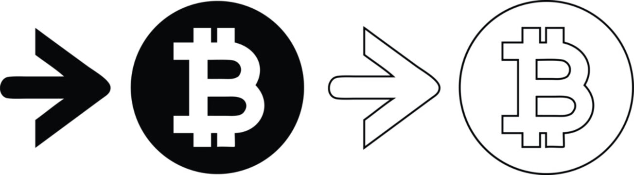 Abstract disconnected bitcoin crypto currency coin symbol arrow transaction concept silhouette and outline icon set isolated on white background