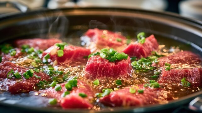 Raw beef cubes with green onions simmering in broth with steam close up