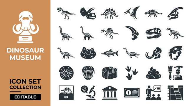 Dinosaur museum icon collection with fossils and skeletons