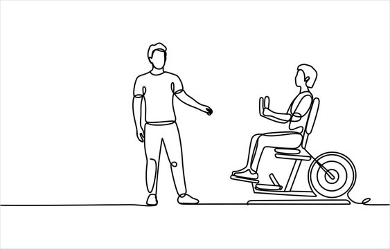 Continuous line drawing of a personal trainer helping a person with a disability exercising on a recumbent stationary bike in a gym or fitness center setting