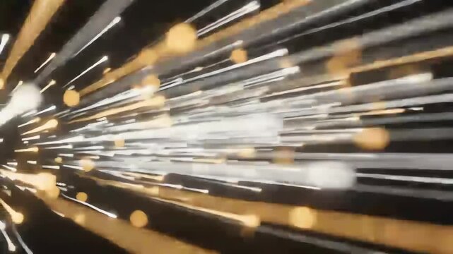 Abstract golden and white light streaks rushing across dark space with glowing bokeh particles representing high speed data transfer and futuristic technology