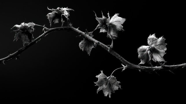 Monochromatic close up of dried thorny bramble vine with withered flowers on transparent background