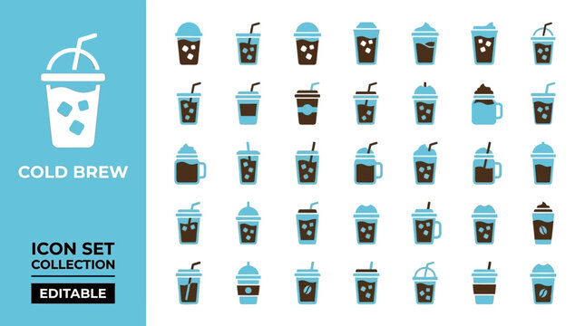 Cold brew coffee and iced drink icon collection